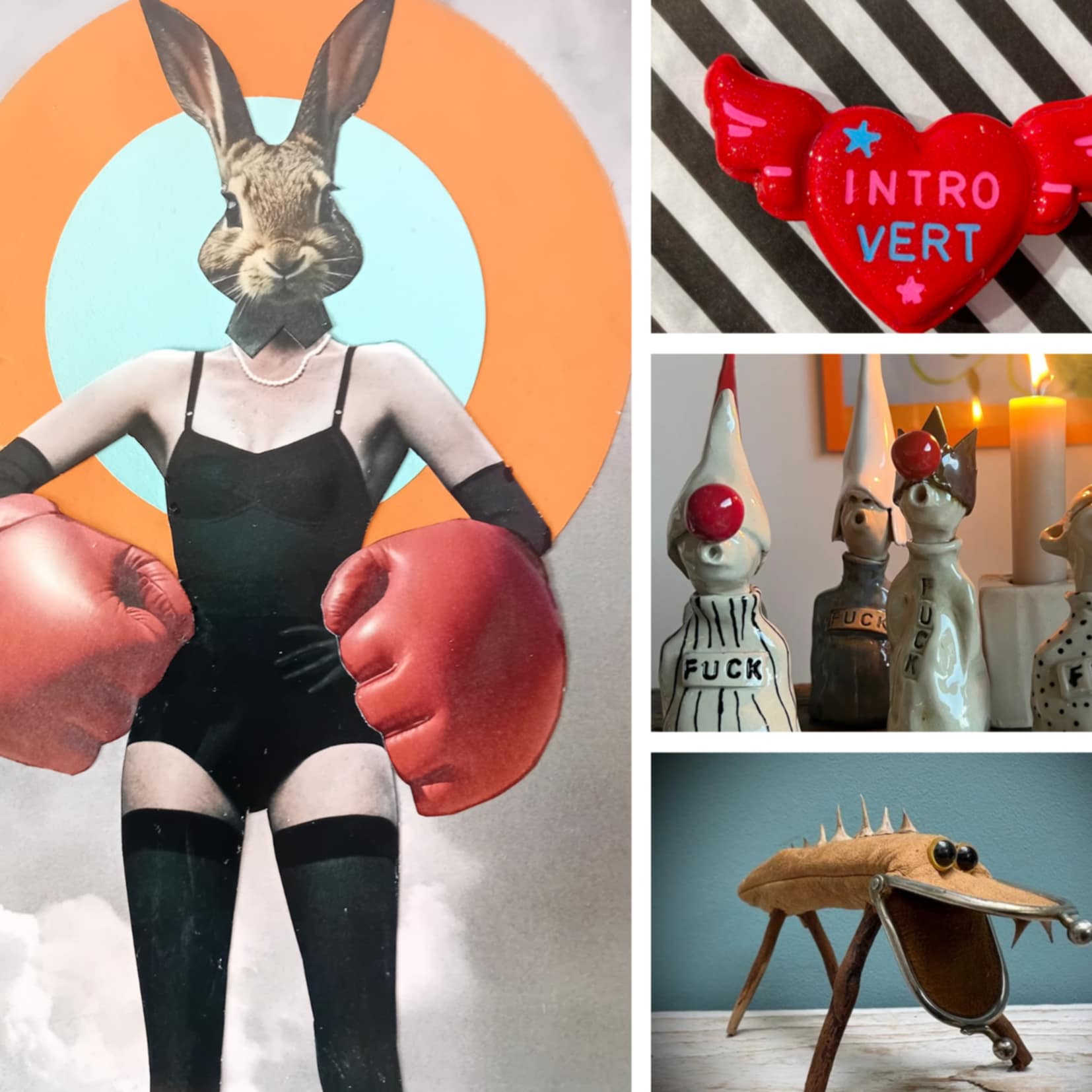 Collage med spændende kunstværker som kan findes på RAW marked